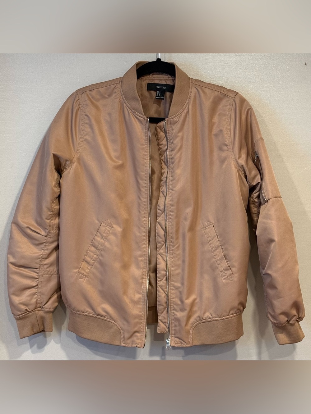 Forever 21 Tan Satin Sheen Bomber Zip-Up Jacket Y2K Women's Small